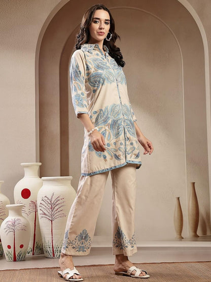 Women Printed Shirt Collar Top and Palazzos Co-Ords