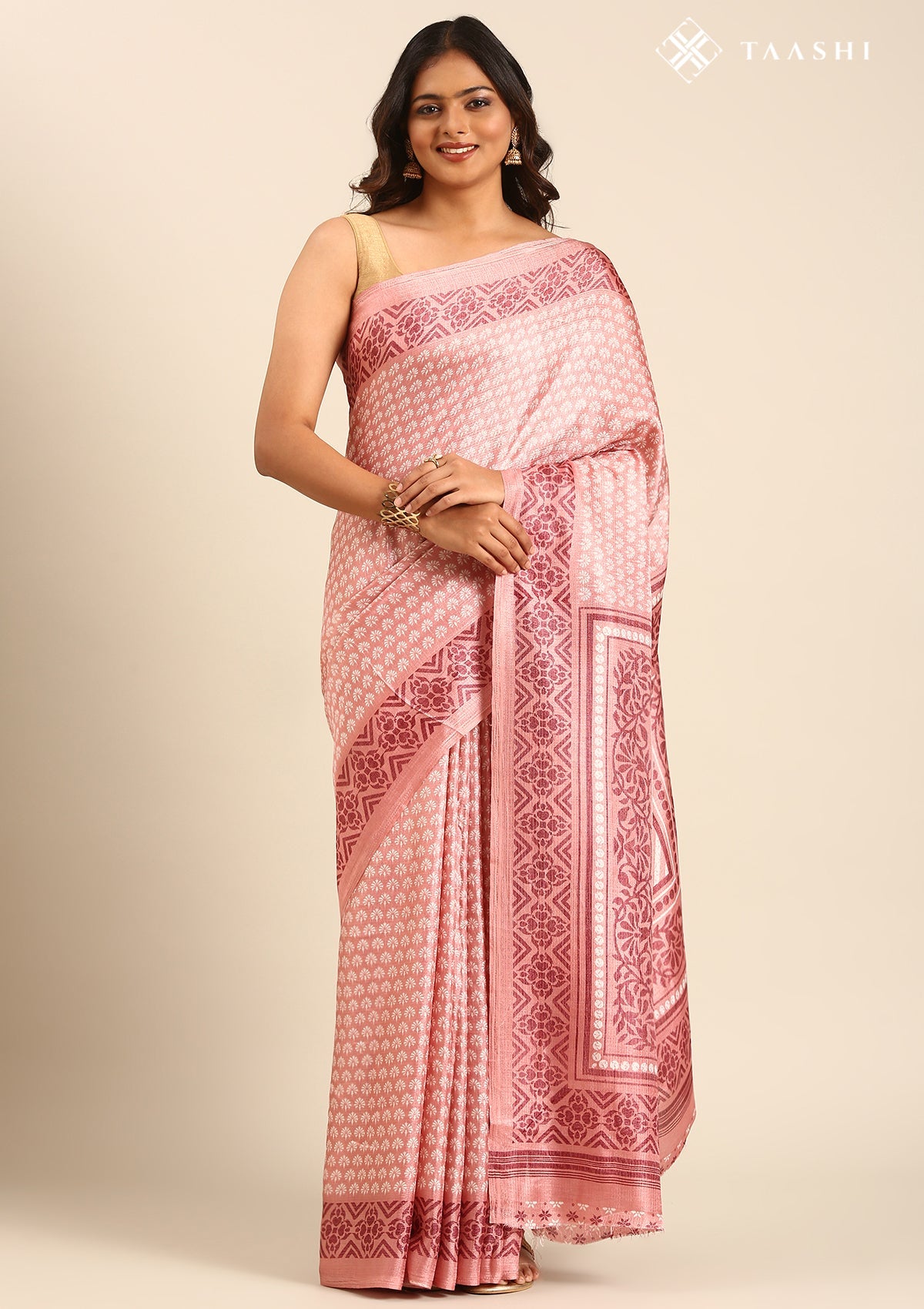 Dusty Pink Butti Printed Art Tussar Matka Silk Saree