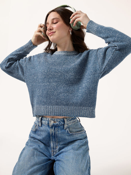 Blue Solid High Neck Sweater
