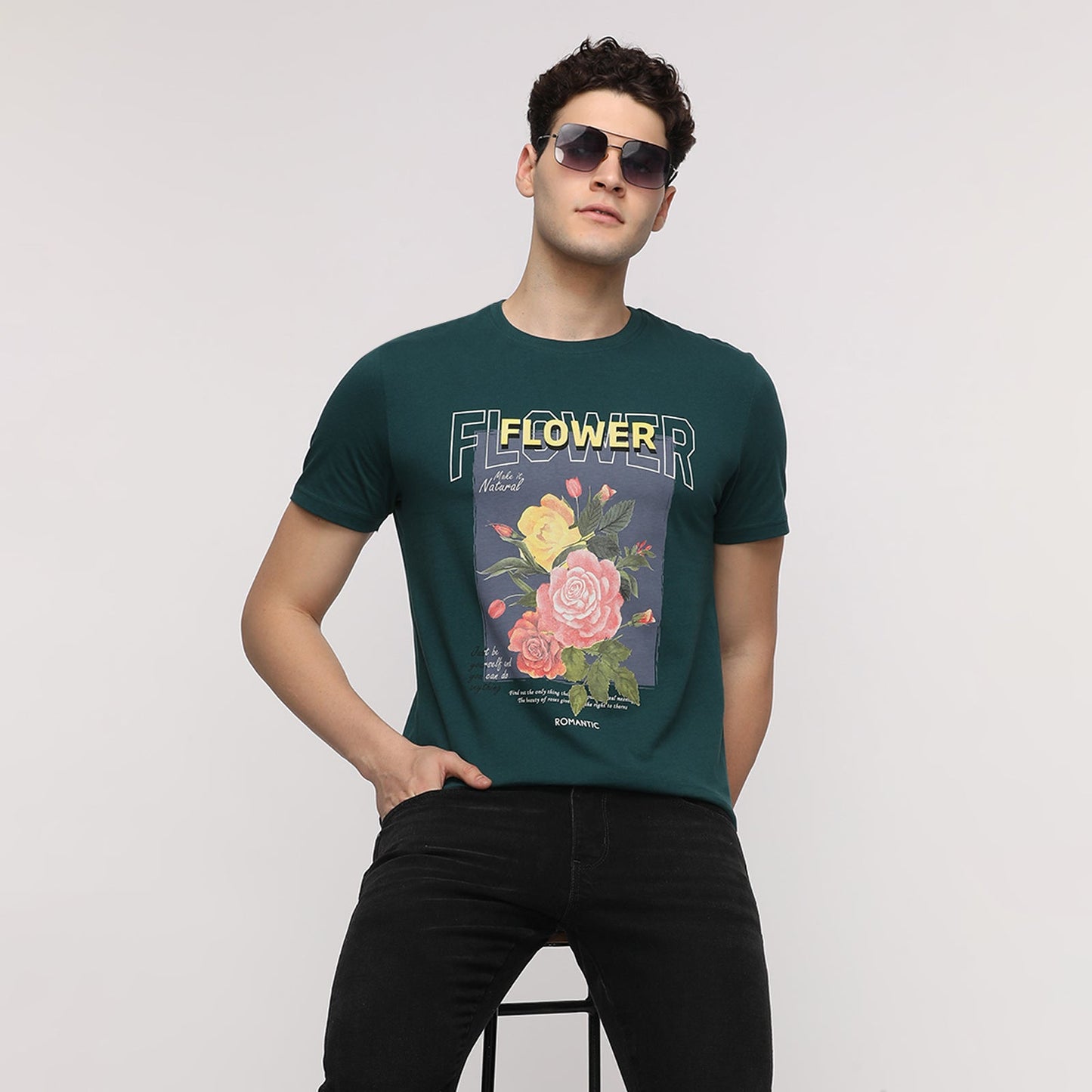 Indo Cotton Men Green Printed Crew Neck T-Shirt