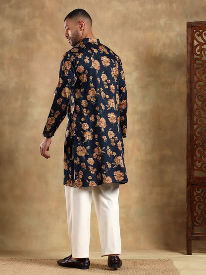 Navy Blue Floral Printed Long Kurta