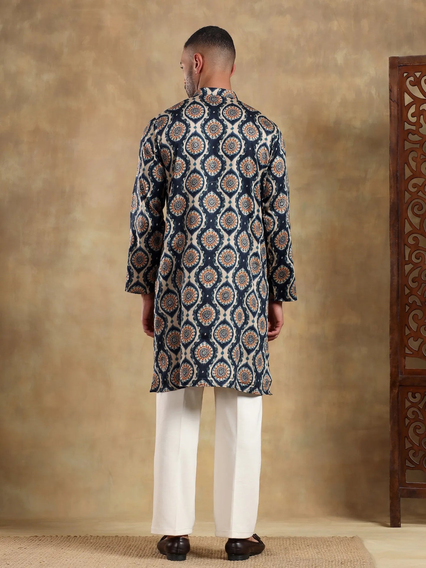 Off White - Navy Printed Long Kurta