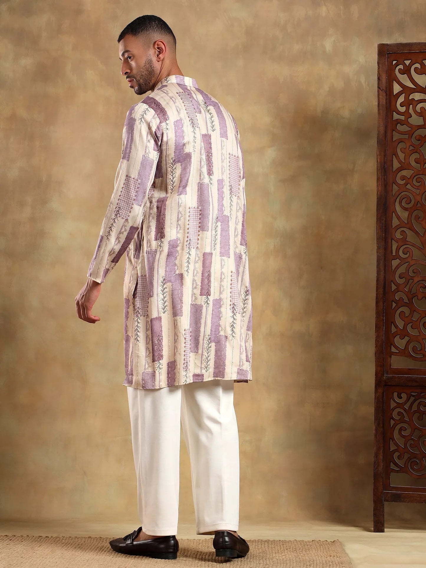 Off White Lavender Printed Long Kurta