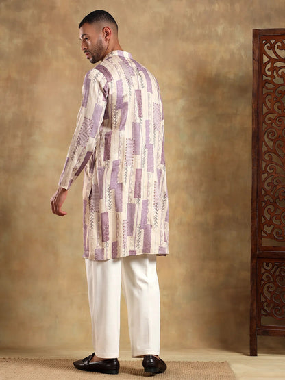 Off White Lavender Printed Long Kurta