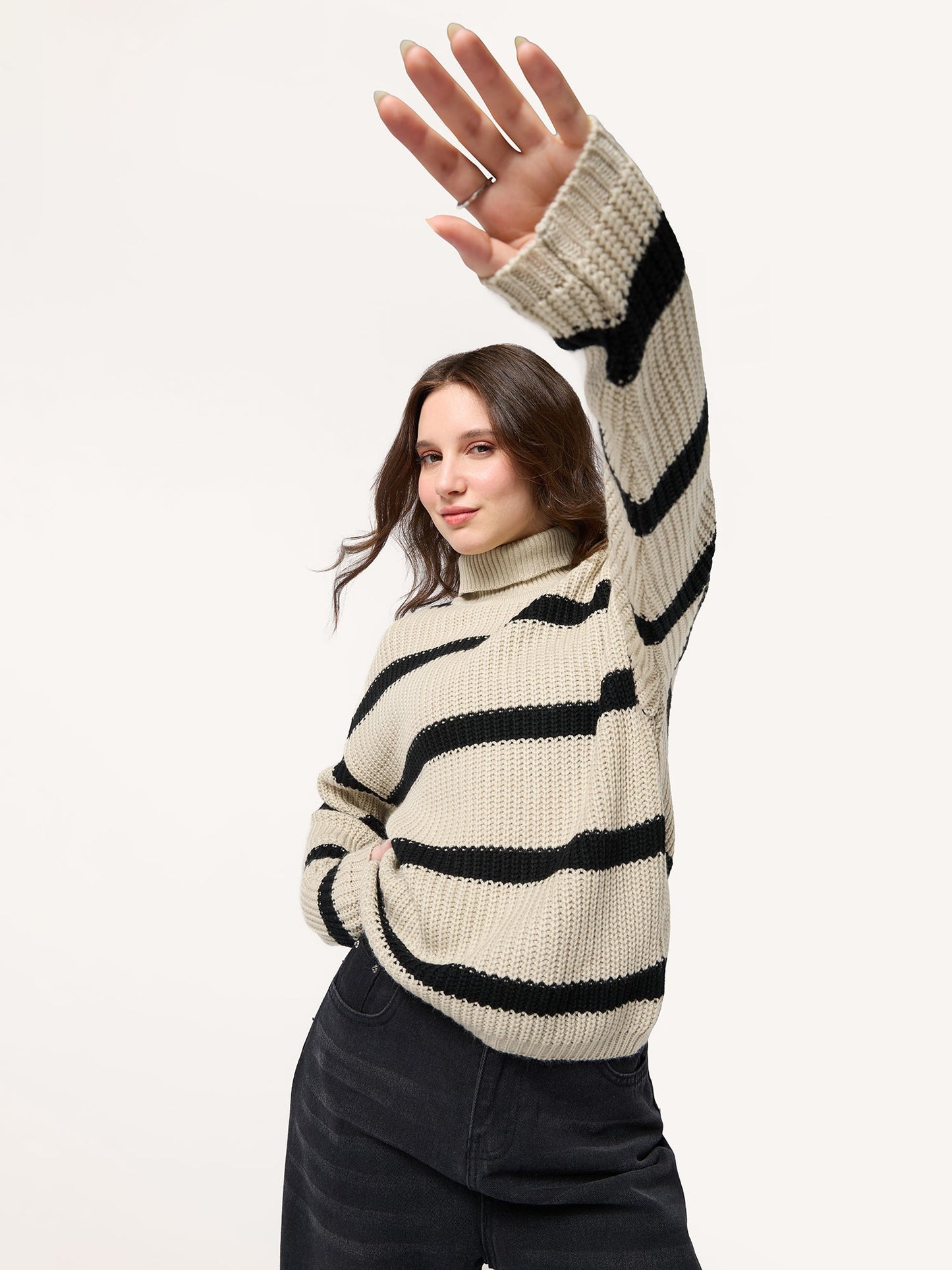 Beige High Neck Striper Sweater
