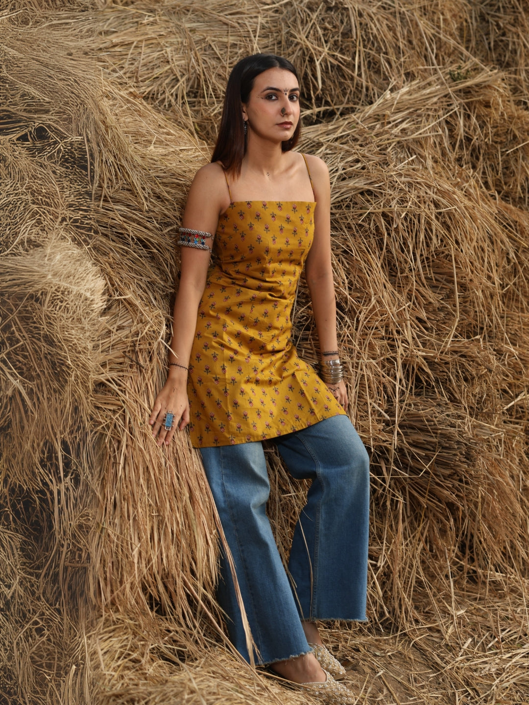 Mustard  Noodle Strap Corset Kurti