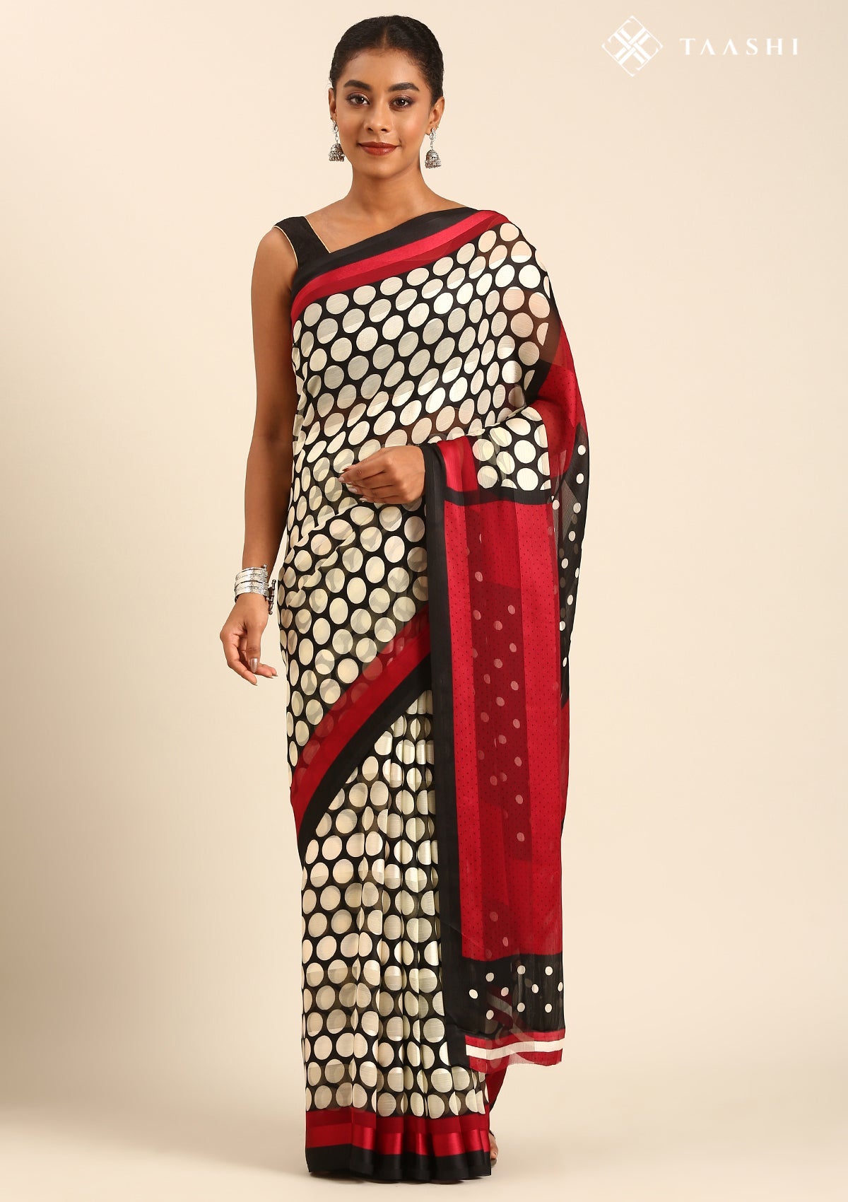Black And Cream Polkadots Printed Chiffon Saree