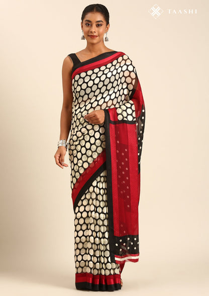 Black And Cream Polkadots Printed Chiffon Saree