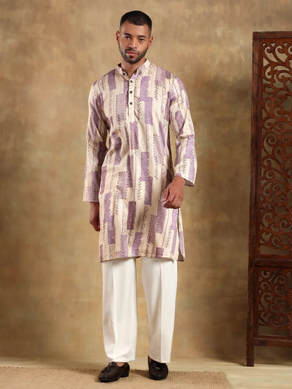 Off White Lavender Printed Long Kurta
