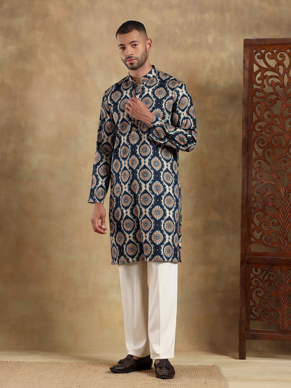 Off White - Navy Printed Long Kurta