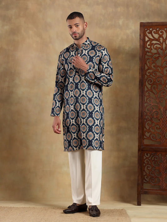 Off White - Navy Printed Long Kurta
