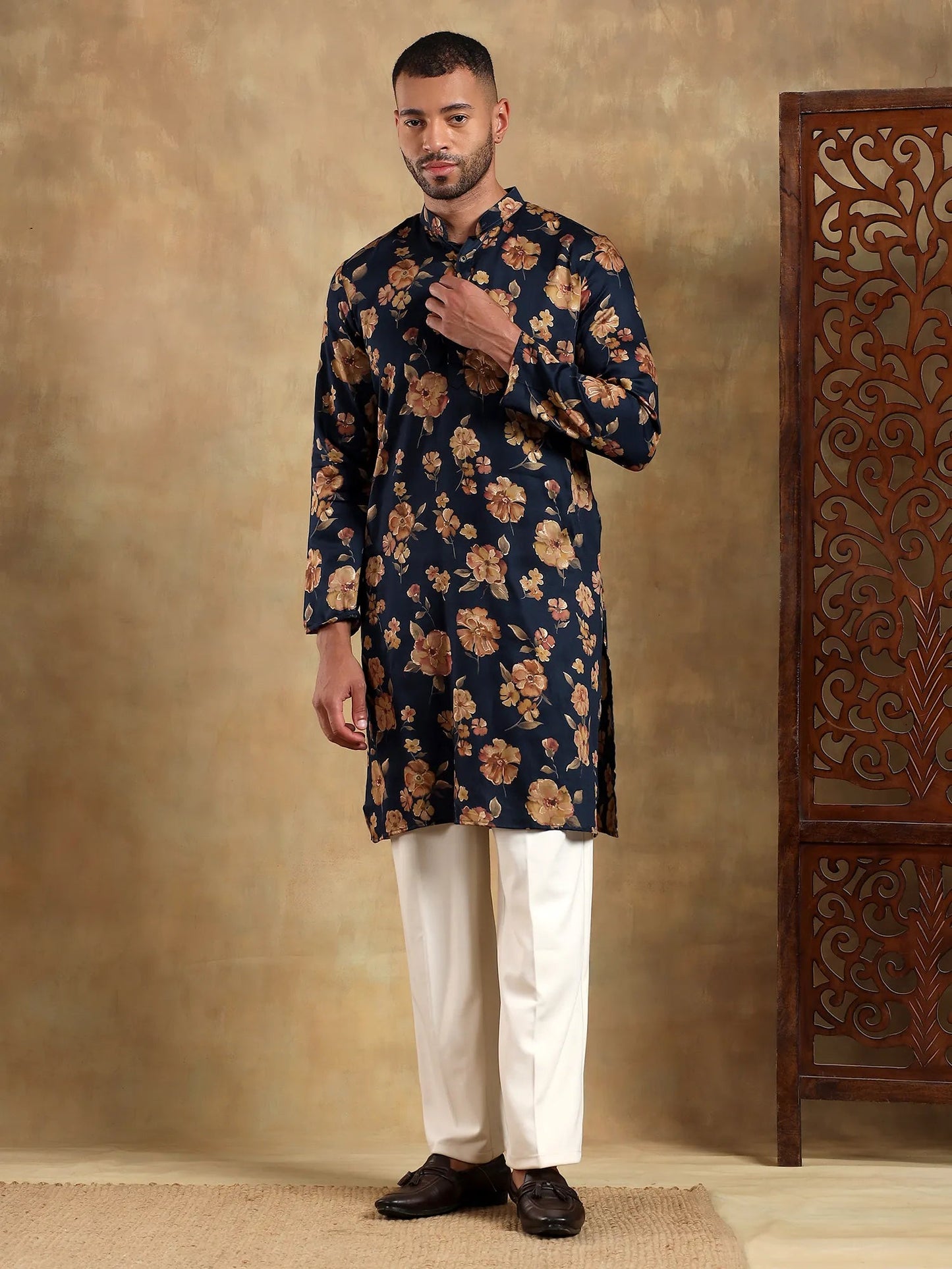 Navy Blue Floral Printed Long Kurta