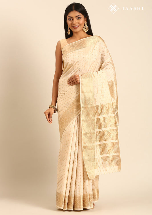 Cream Traditional Zari Butta Woven Tussar Saree