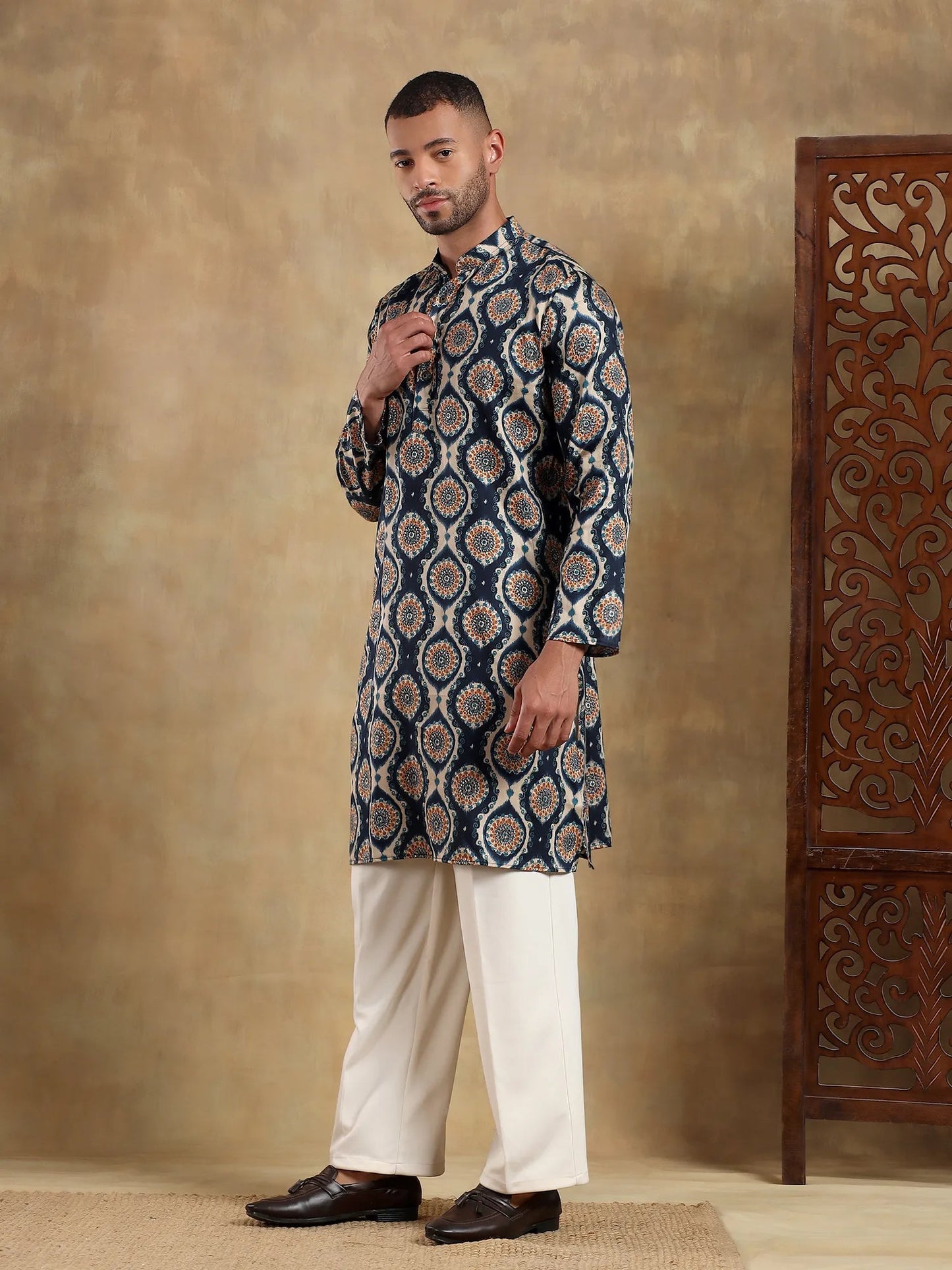Off White - Navy Printed Long Kurta