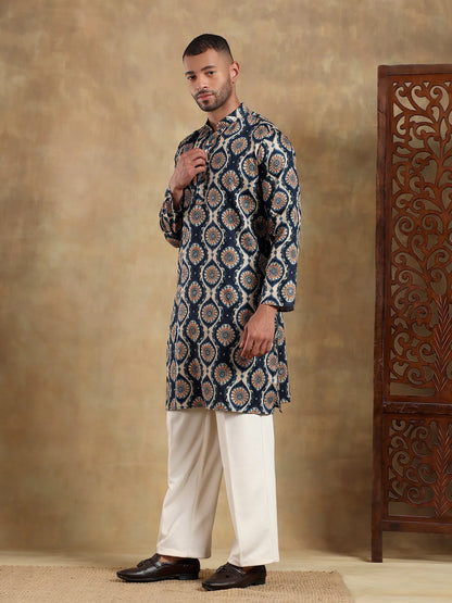 Off White - Navy Printed Long Kurta