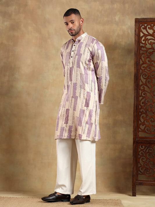 Off White Lavender Printed Long Kurta