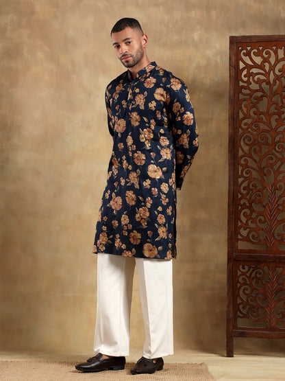 Navy Blue Floral Printed Long Kurta