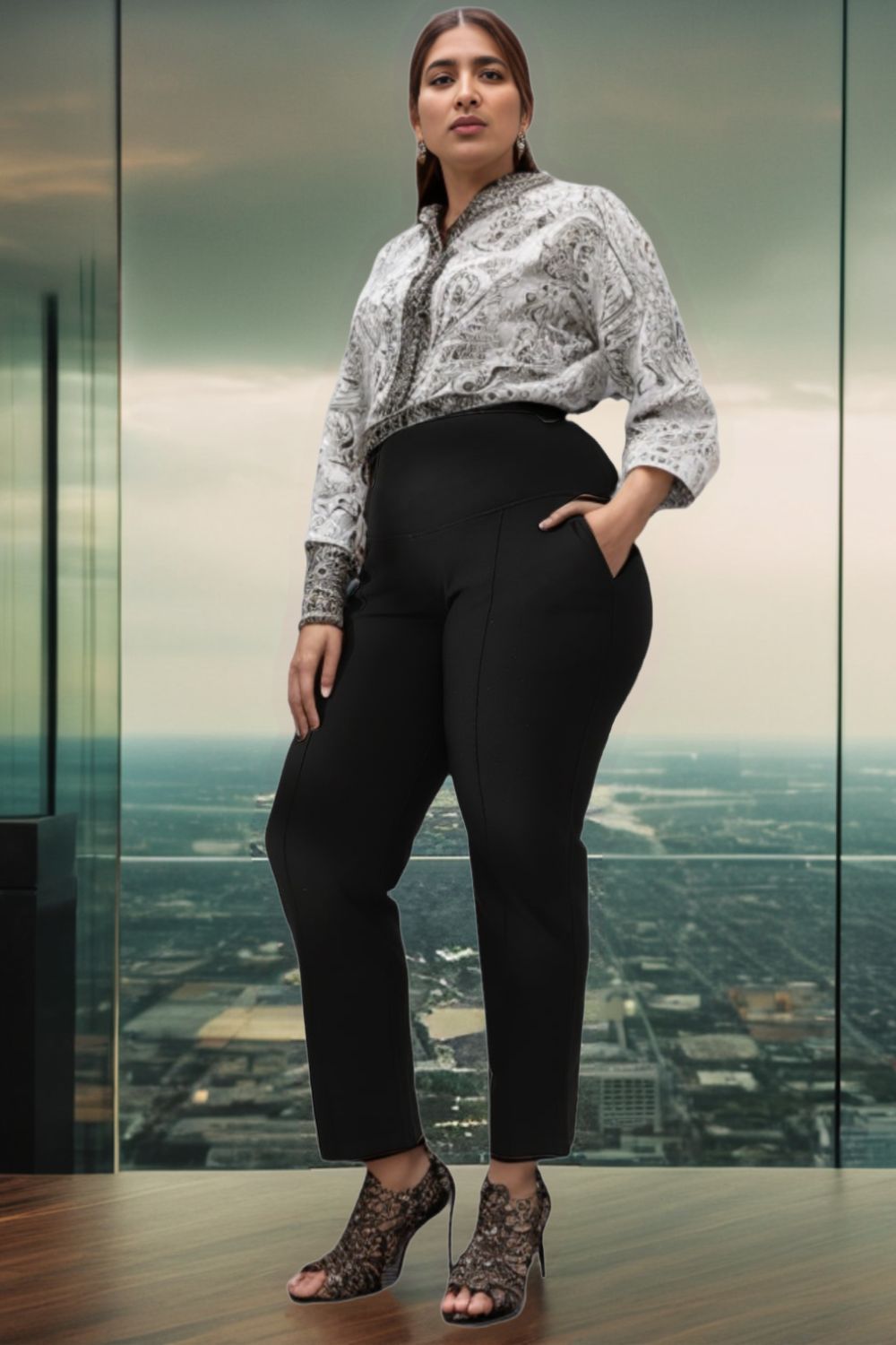 Plus Size Black Tummy Shaper Straight Fit Pants