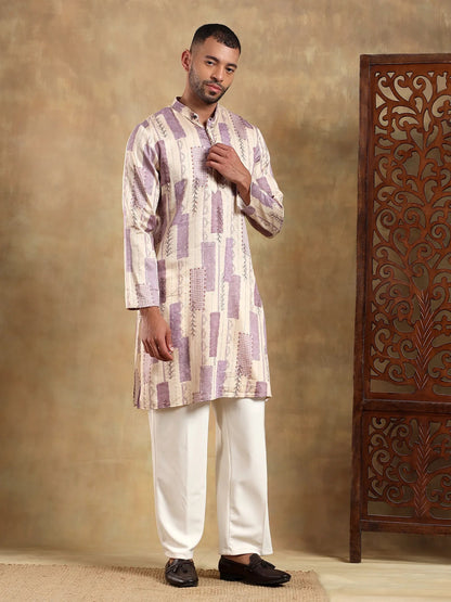 Off White Lavender Printed Long Kurta