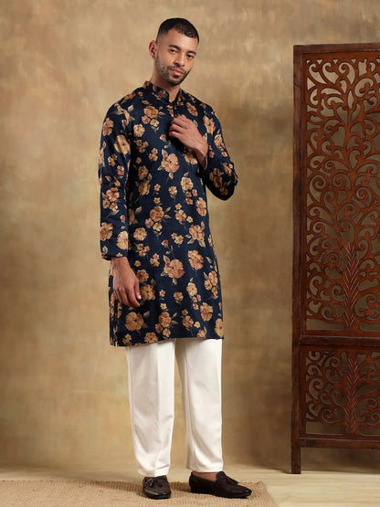 Navy Blue Floral Printed Long Kurta