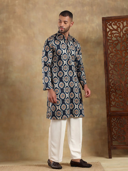 Off White - Navy Printed Long Kurta