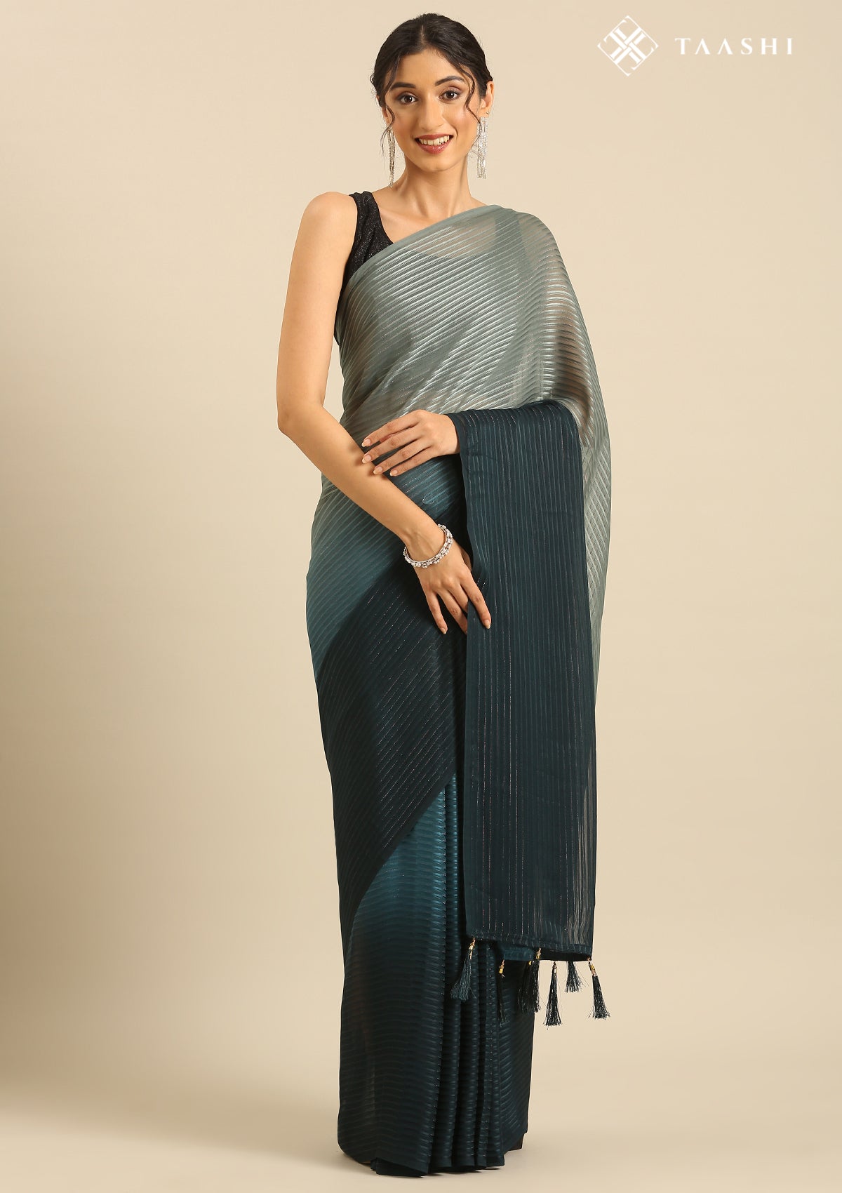 Teal Ombre Metallic Zari Striped Chiffon Saree