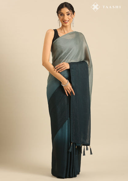 Teal Ombre Metallic Zari Striped Chiffon Saree