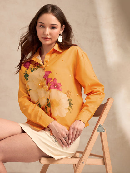 Orange Oversized Printed Shirt With All Over Embellishment