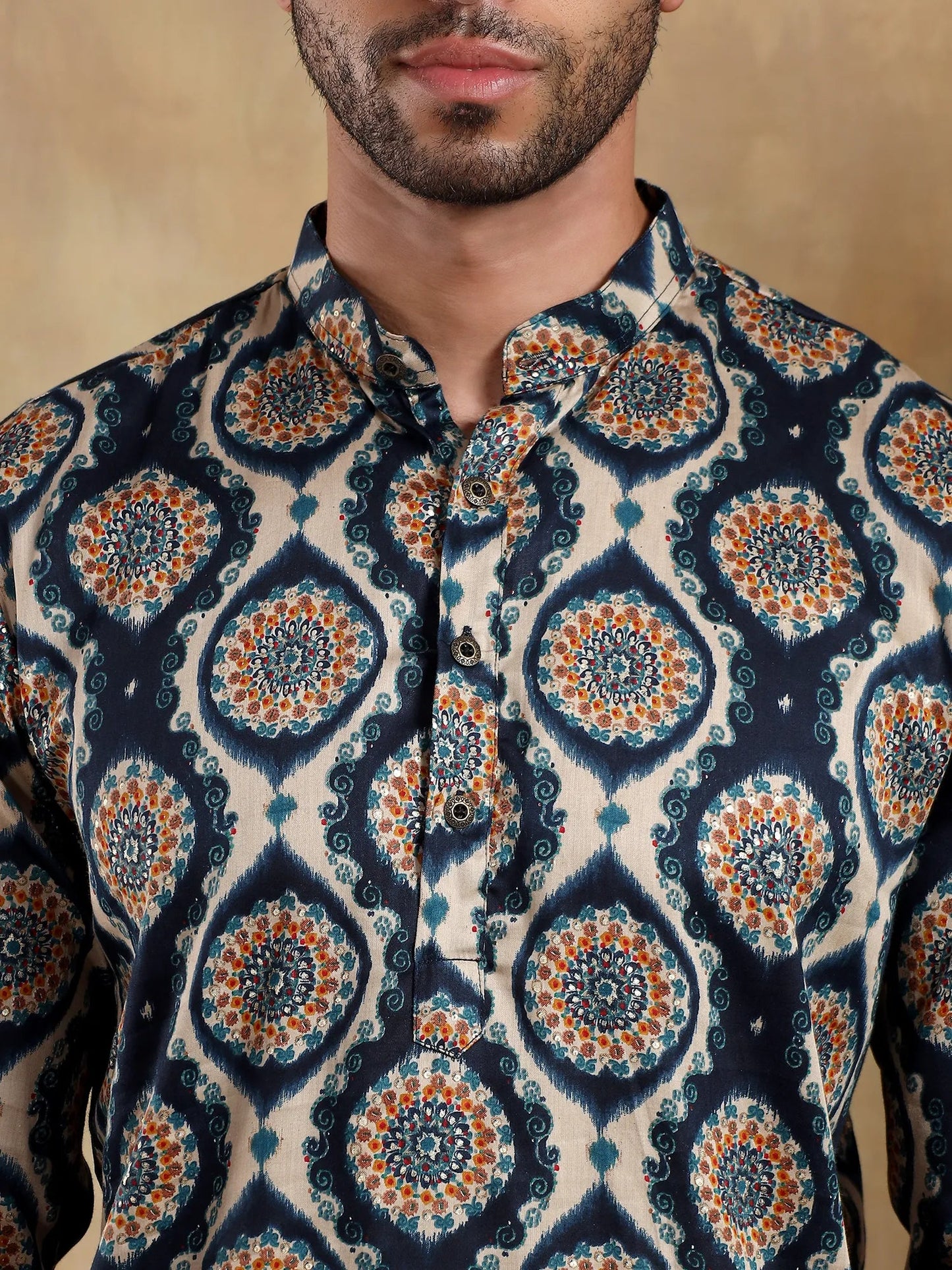 Off White - Navy Printed Long Kurta