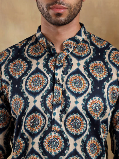 Off White - Navy Printed Long Kurta