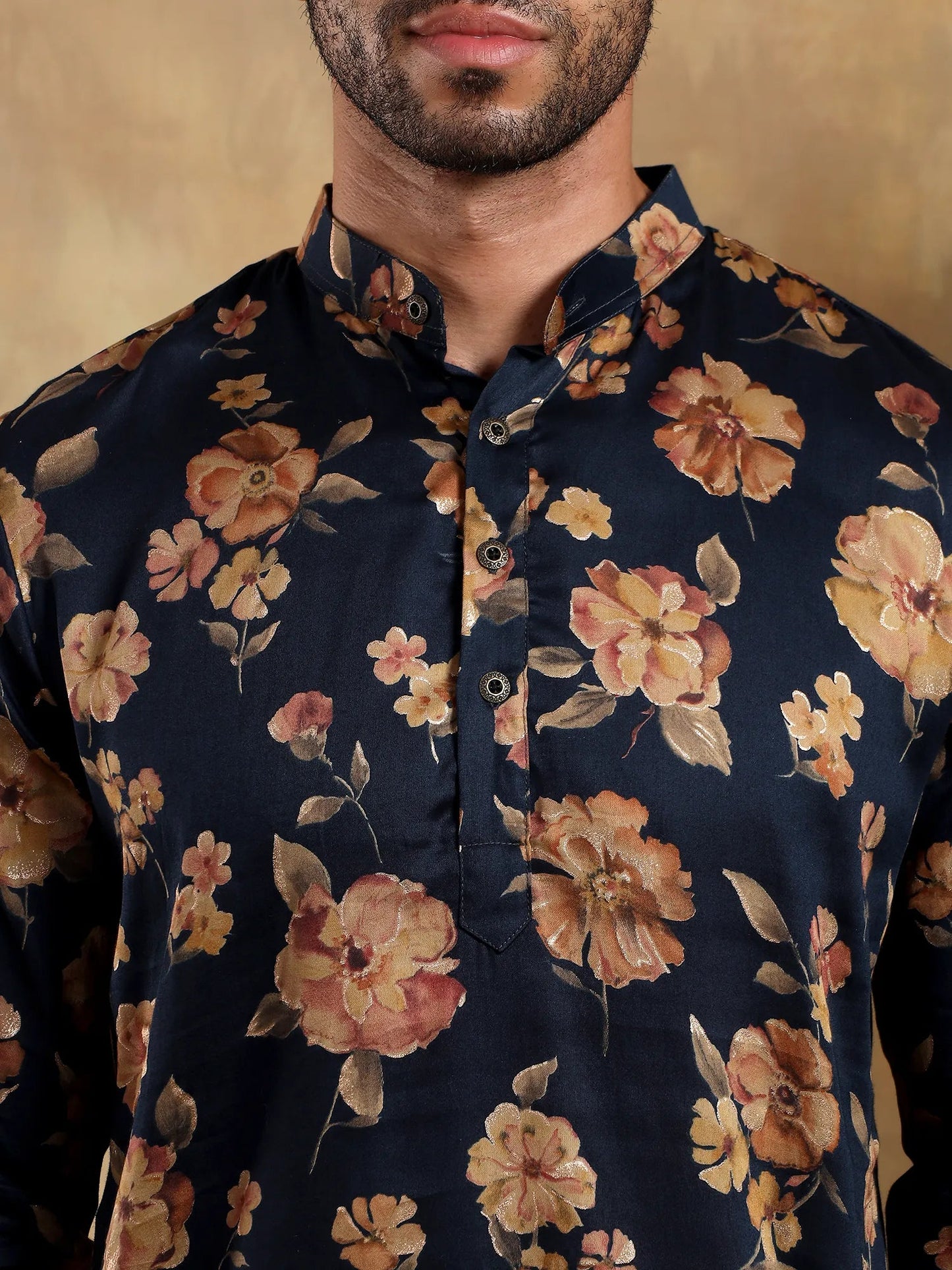 Navy Blue Floral Printed Long Kurta