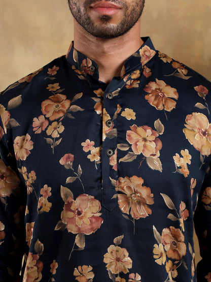 Navy Blue Floral Printed Long Kurta