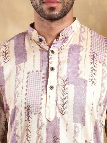Off White Lavender Printed Long Kurta