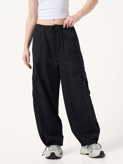 Black Cargo Pockets Drawstring Wid Leg Trouser