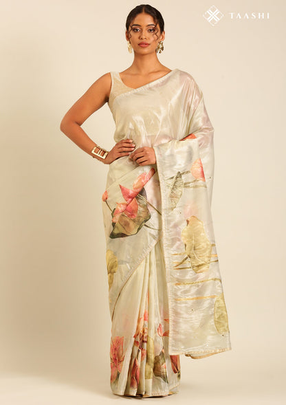 Metallic Sage Green Printed And EmbroideRed Organza Saree