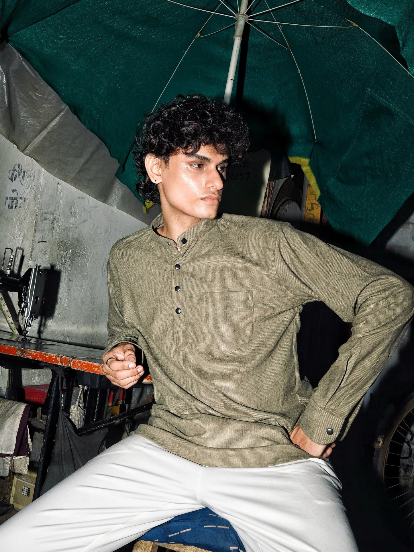 Light Olive Corduroy Short Kurta