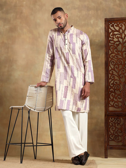 Off White Lavender Printed Long Kurta