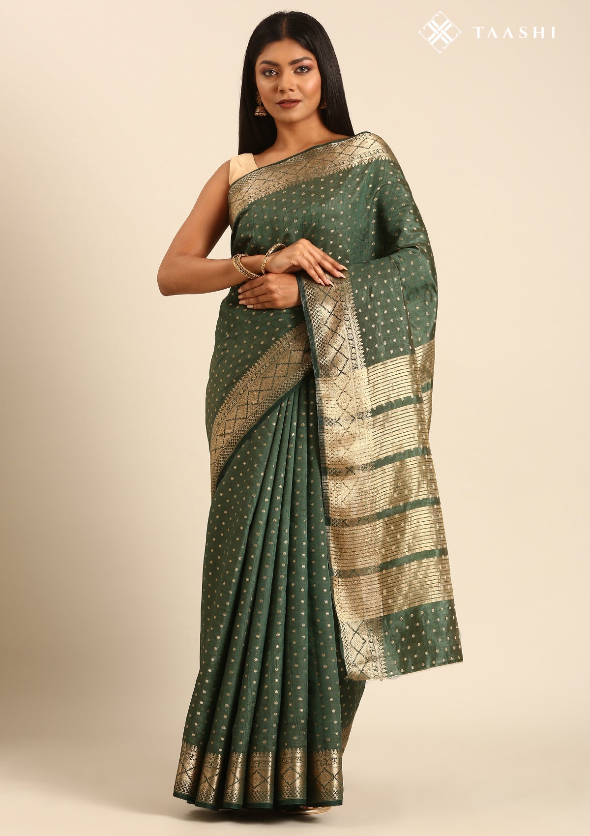Dark Green Traditional Zari Butta Woven Tussar Saree