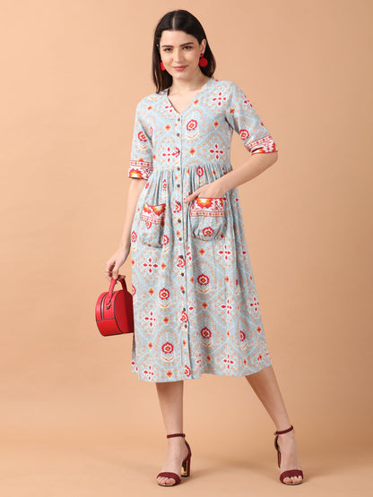 Light Blue Printed Front Open Dress With Patch Pockets