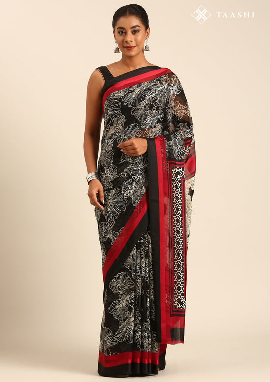 Black Abstract Floral Printed Chiffon Saree