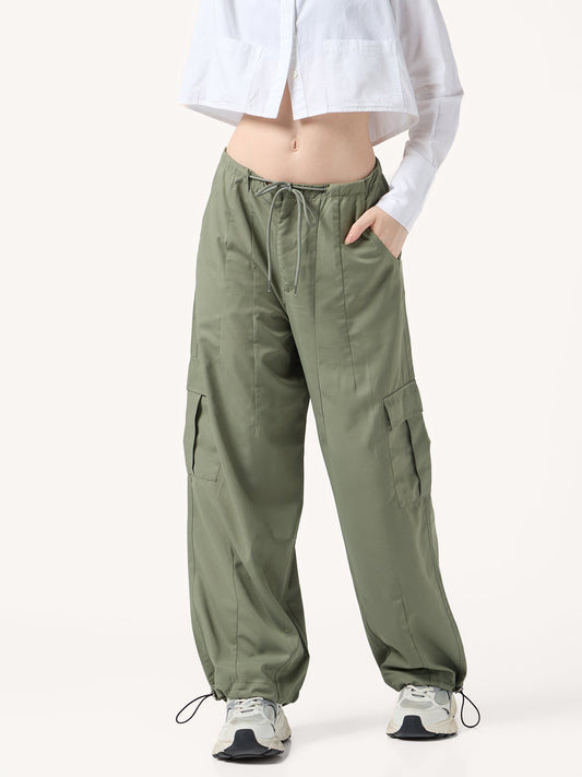 Olive Cargo Pockets Drawstring Wid Leg Trouser
