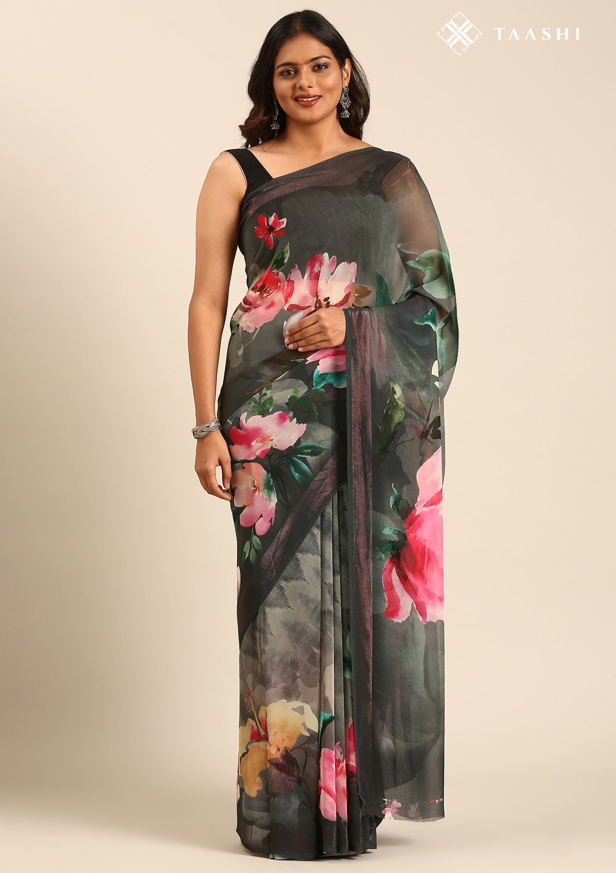 Grey Multicolor Floral Digital Printed Georgette Saree