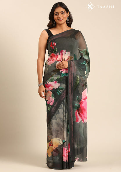 Grey Multicolor Floral Digital Printed Georgette Saree