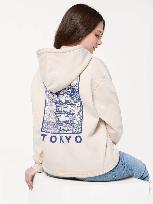 Cream Back Tokyo Graphic Russian Fleece Hooded Sweatshirt