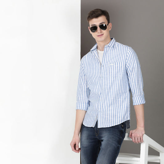 White & Navy Full Sleeve Stripes Shirt