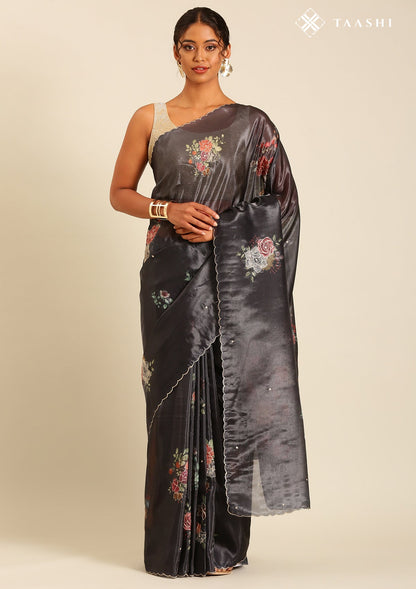 Metallic Charcoal Printed And EmbroideRed Organza Saree