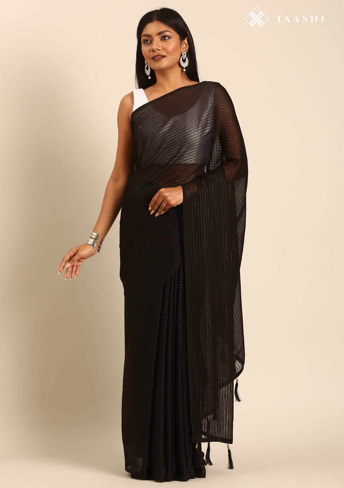 Black Striped Chiffon Saree
