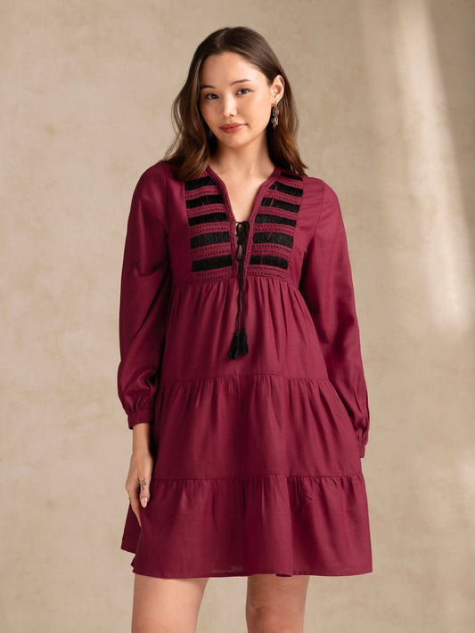 Wine Relaxed Fit Flared Dress With Embroidered On Yoke