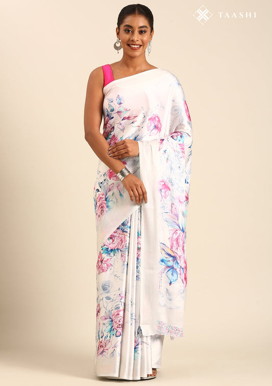 Lavender A/O Floral Printed Satin Saree