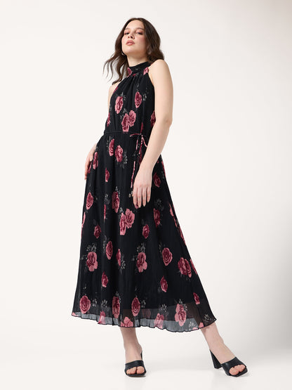 Black Halter Neck Floral Printed Dress